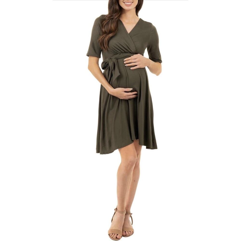 Mother Bee Maternity Knee Length Wrap Dress W/ Adjustable Belt Large